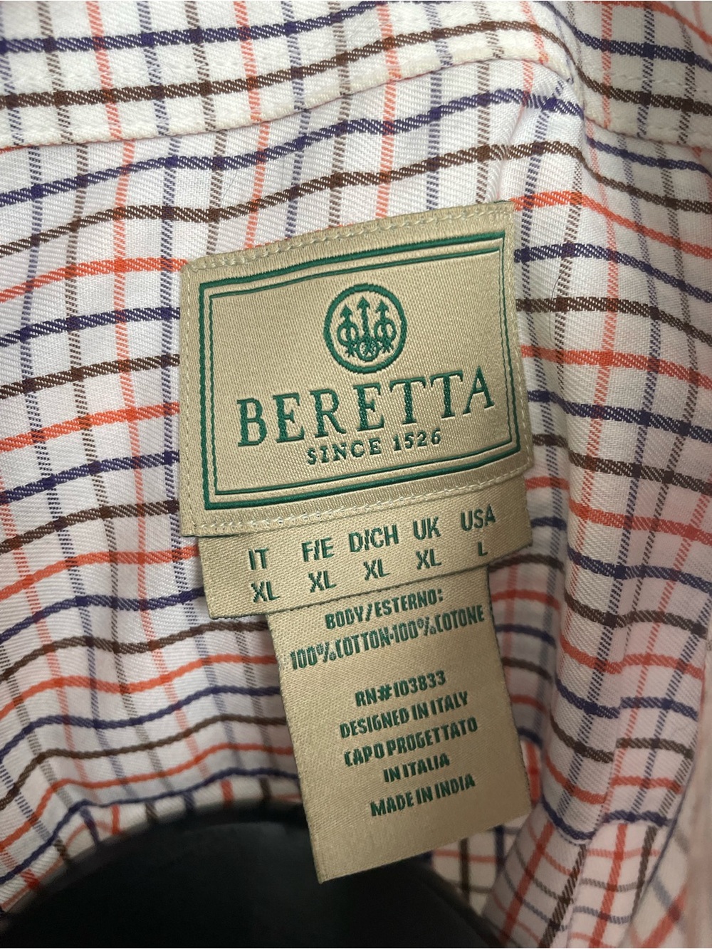 Beretta Men’s Long Sleeve Button-Down Shirt Size XL Blue/Orange/Brown Plaid - Picture 3 of 4